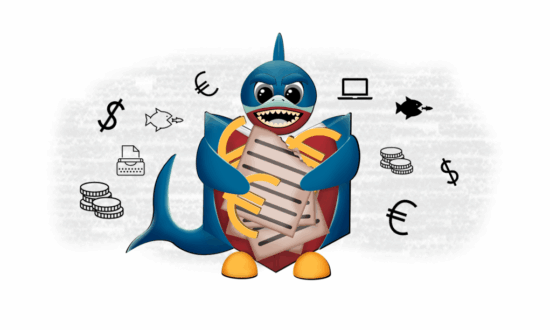 Červený midas panáčik v kostýme žraloka držiaci množstvo článkov a symbolov eura na šedom podklade s ikonami na tému predátorstvo