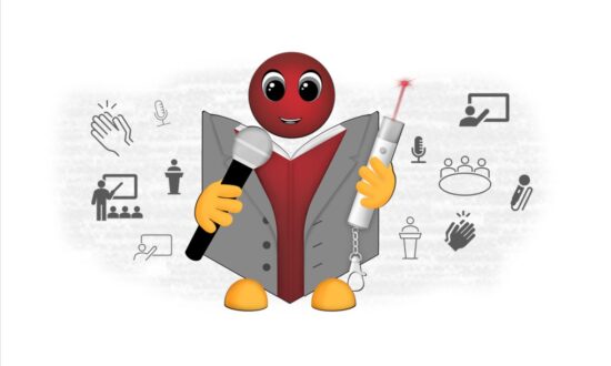 Červený midas panáčik oblečený v šedom saku s mikrofónom a laserovým ukazovadlom na šedom pozadí s ikonami na tému prezentovanie